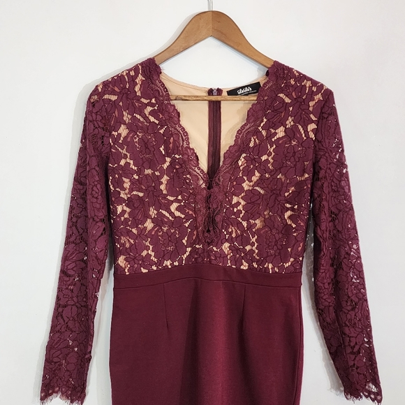 Lulu’s Swooner or Later burgundy long sleeve lace deep v neck bodycon dress SZ L - Picture 7 of 11